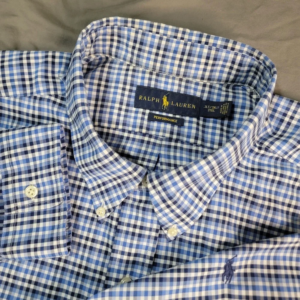 Polo Ralph Lauren Performance Shirt Men's 3XLT Blue Plaid Classic Fit Button Up